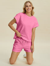 Double Take Full Size Texture T-Shirt and Shorts Set Pink OutfitFlow